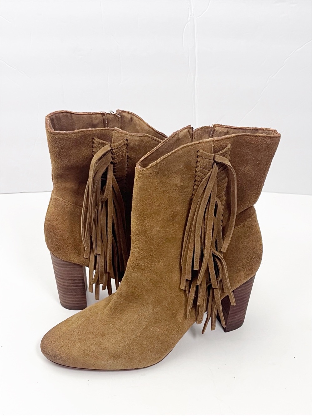 CHARLES By Charles David Boulder Leather Fringe Trim Almond Toe Zip Booties 7.5M